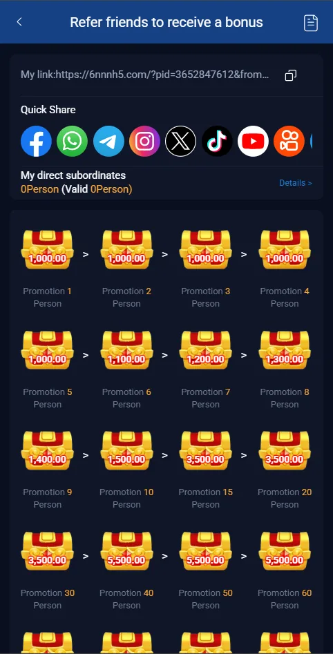 6NNN refer-a-friend screen showing a personal invite link, quick share buttons for Facebook, WhatsApp, Telegram, Instagram, X, TikTok and YouTube, and a reward ladder from Rs 1,000 at one referral up to Rs 5,500 at sixty referrals