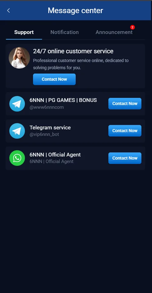 6NNN Message Center support tab showing 24/7 online customer service, a Telegram channel at www6nnncom, a Telegram service bot at vip6nnn_bot, and a WhatsApp official agent contact